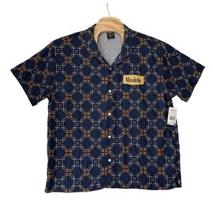 Modelo Mens 2XL Button Down Shirt Navy Blue Rayon Geometric Logo Camp Summer NWT